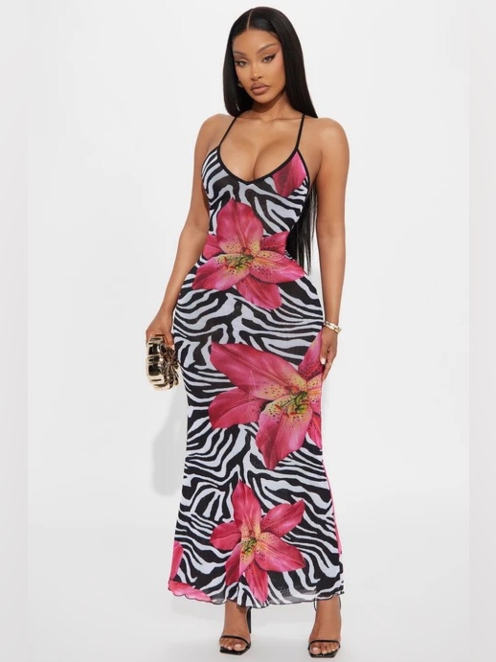 Floral Zebra Print Maxi Dress with Pink Lily Accents